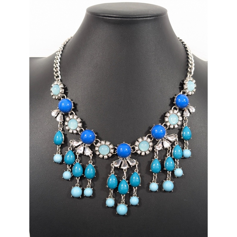Blue Teal Statement Necklace Bib Cabochon Charm Cluster Silver Tone 20"